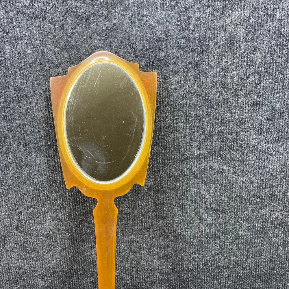 Vintage Amber Celluloid Hand Mirror Art Deco Faux Tortoise Floral Gold Detail